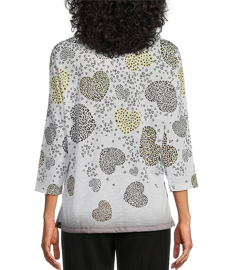 Allison Daley Embellished Cascading Hearts Print 3/4 Sleeve Crew Neckline Knit Top