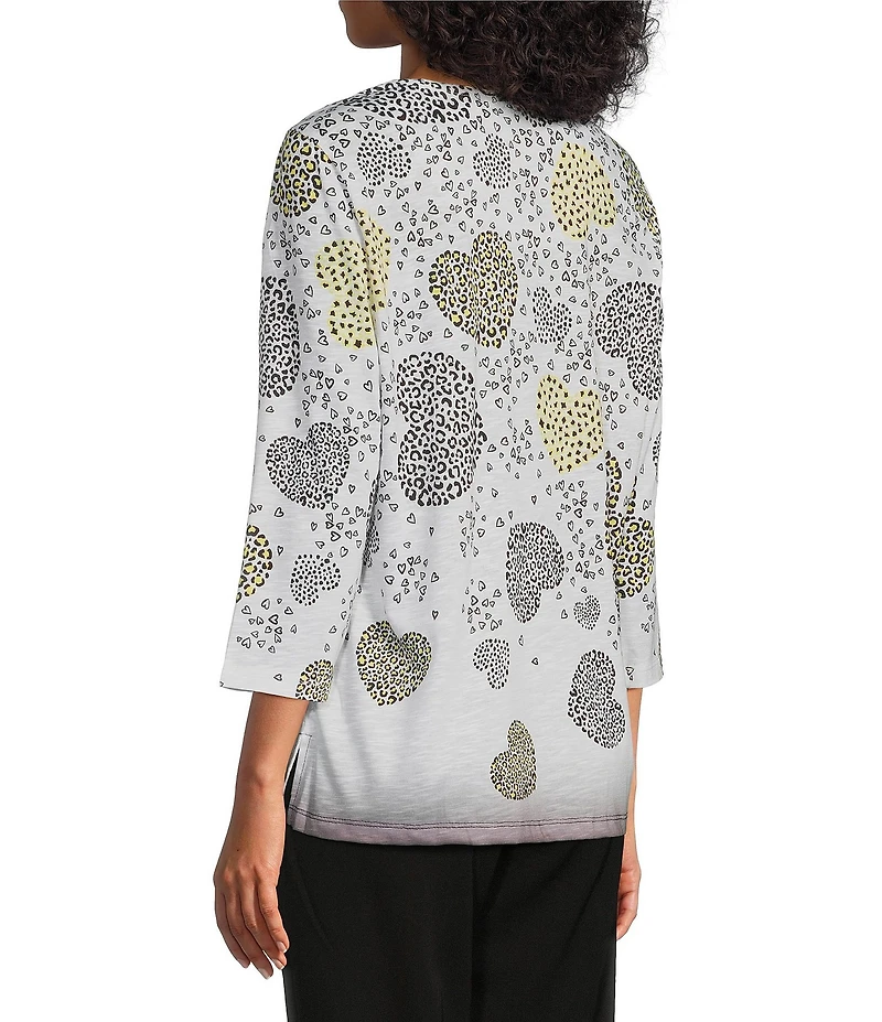 Allison Daley Embellished Cascading Hearts Print 3/4 Sleeve Crew Neckline Knit Top