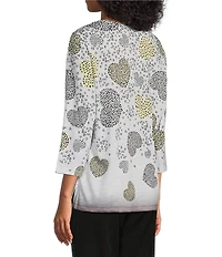Allison Daley Embellished Cascading Hearts Print 3/4 Sleeve Crew Neckline Knit Top