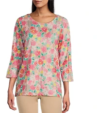 Allison Daley Embellished Cheerful Daisy Print 3/4 Sleeve Crew Neck Knit Top