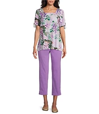 Allison Daley Embellished Floral Print Short Ruched Tie Sleeve Square Neck Knit Top