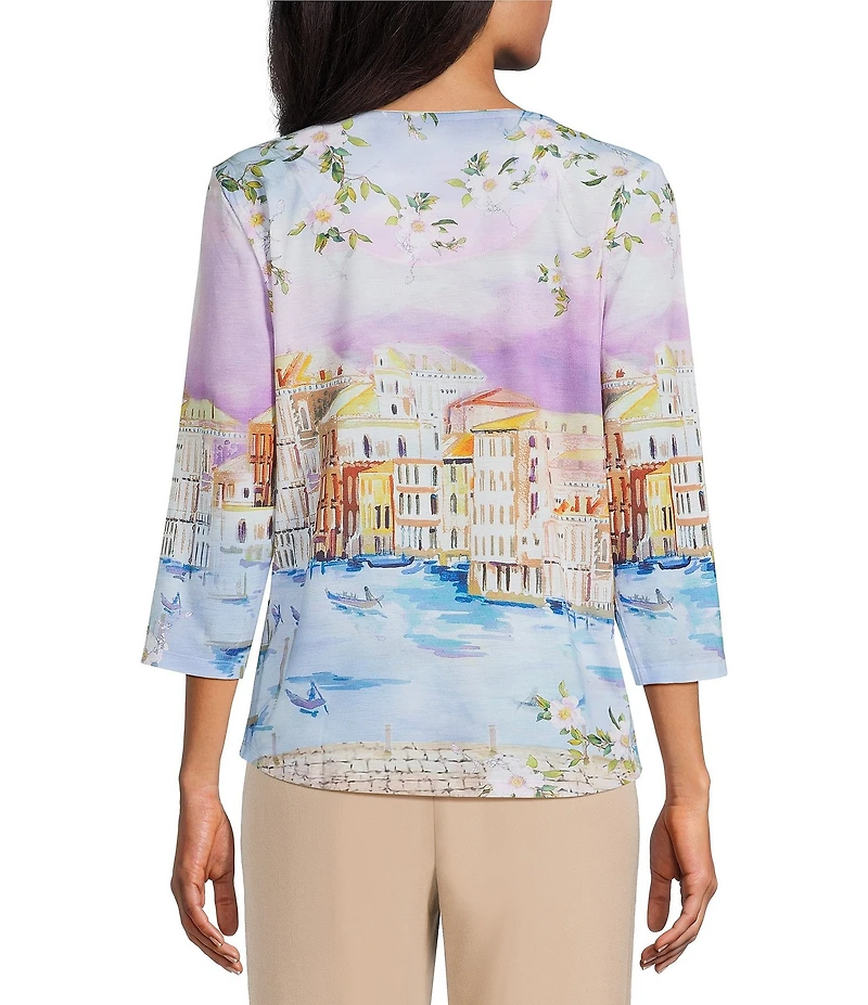 Allison Daley Embellished Magic Canal Print 3/4 Sleeve Crew Neck Knit Top