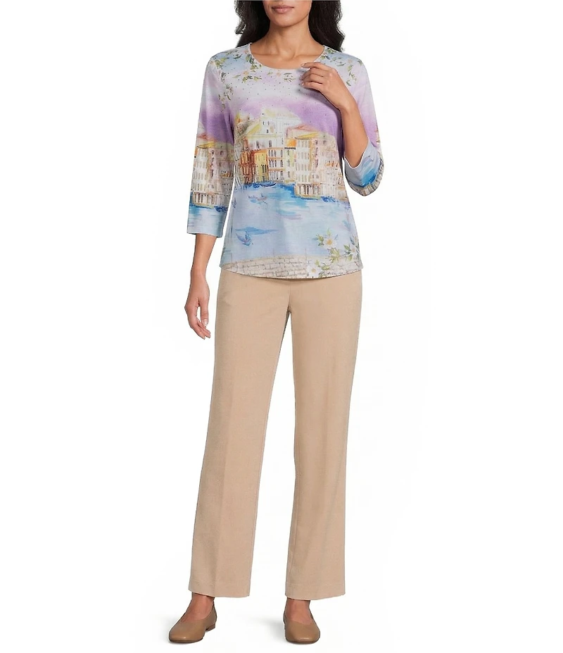 Allison Daley Embellished Magic Canal Print 3/4 Sleeve Crew Neck Knit Top