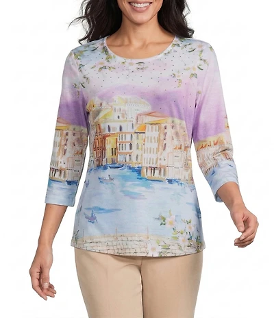 Allison Daley Embellished Magic Canal Print 3/4 Sleeve Crew Neck Knit Top