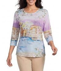 Allison Daley Embellished Magic Canal Print 3/4 Sleeve Crew Neck Knit Top