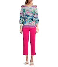 Allison Daley Embellished Watercolor Tropics Print 3/4 Sleeve Crew Neck Ruched Side Tie Hem Knit Top