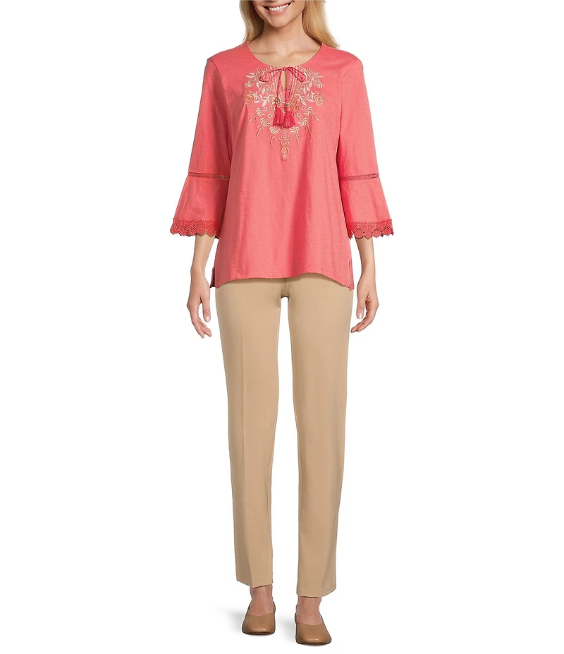 Allison Daley Embroidered 3/4 Flare Sleeve Split Round Neck Top