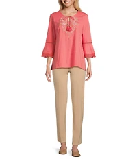 Allison Daley Embroidered 3/4 Flare Sleeve Split Round Neck Top