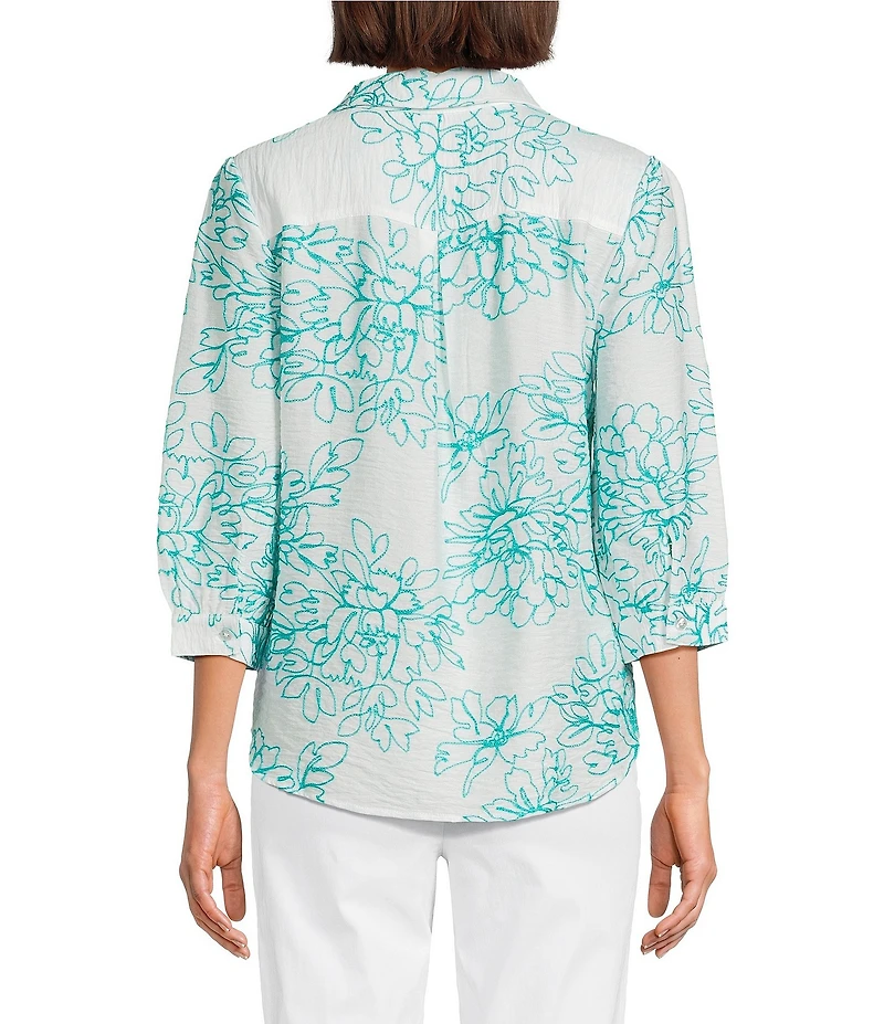 Allison Daley Embroidered 3/4 Sleeve Point Collar Button Front Blouse