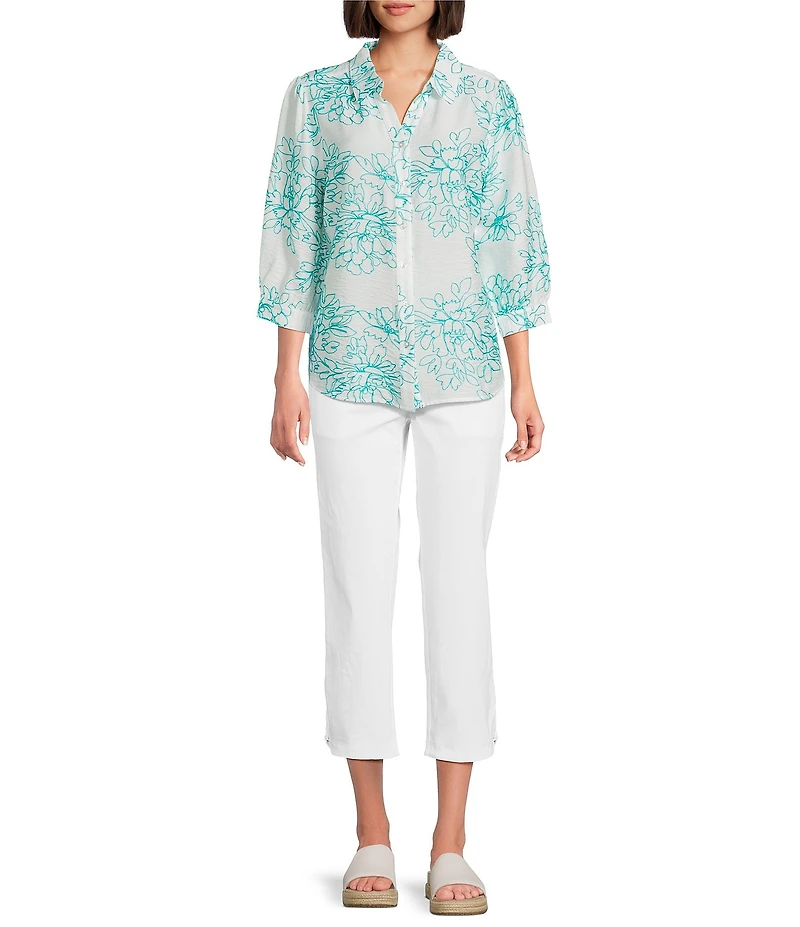 Allison Daley Embroidered 3/4 Sleeve Point Collar Button Front Blouse