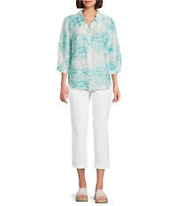 Allison Daley Embroidered 3/4 Sleeve Point Collar Button Front Blouse