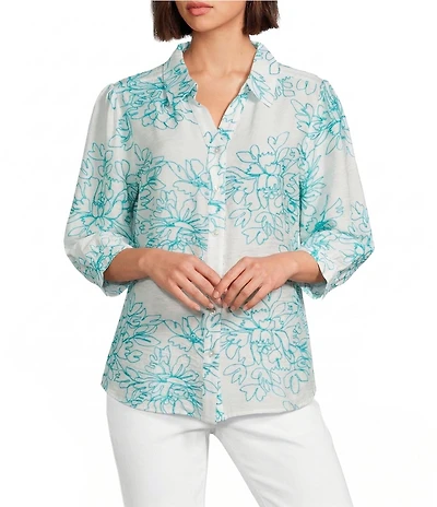 Allison Daley Embroidered 3/4 Sleeve Point Collar Button Front Blouse