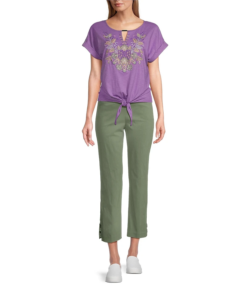 Allison Daley Embroidered Cap Sleeve Keyhole Neck Tie Front Knit Top