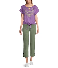 Allison Daley Embroidered Cap Sleeve Keyhole Neck Tie Front Knit Top