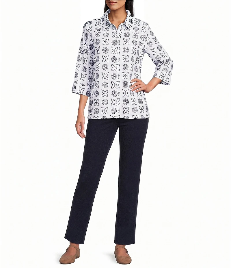 Allison Daley Embroidery 3/4 Sleeve Point Collar Button Front Blouse
