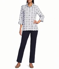 Allison Daley Embroidery 3/4 Sleeve Point Collar Button Front Blouse
