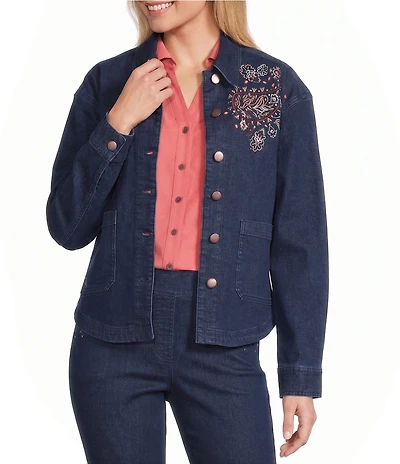 Allison Daley Embroidery Detail Long Sleeve Button Front Point Collar Stretch Denim Jacket
