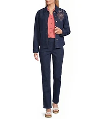 Allison Daley Embroidery Detail Long Sleeve Button Front Point Collar Stretch Denim Jacket