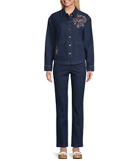 Allison Daley Embroidery Detail Long Sleeve Button Front Point Collar Stretch Denim Jacket