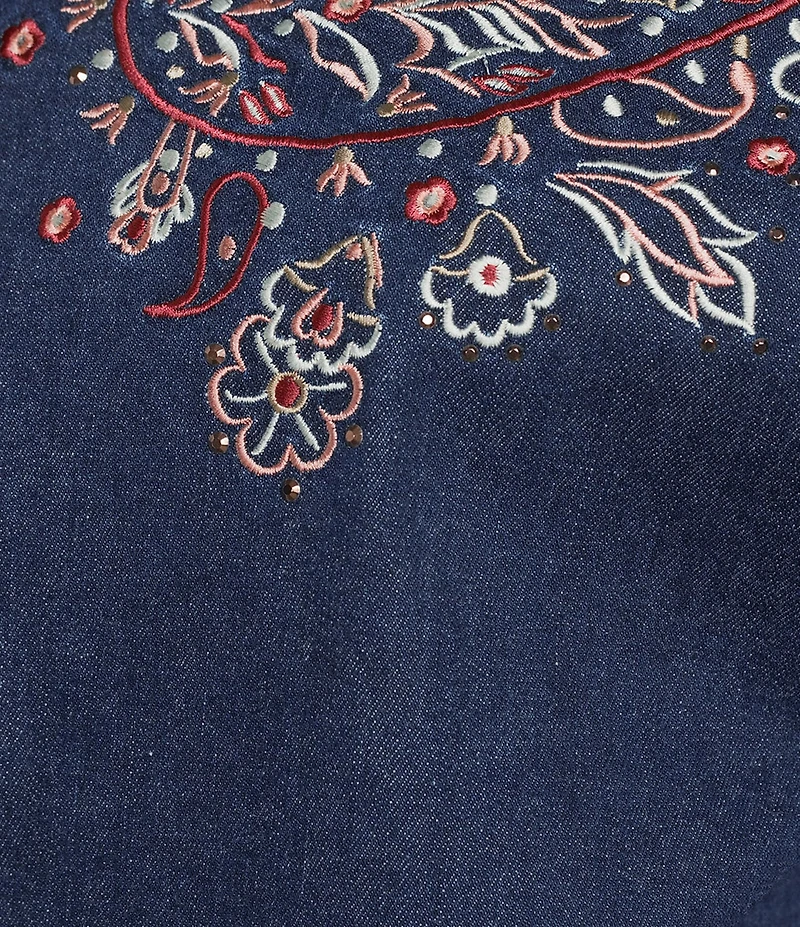 Allison Daley Embroidery Detail Long Sleeve Button Front Point Collar Stretch Denim Jacket
