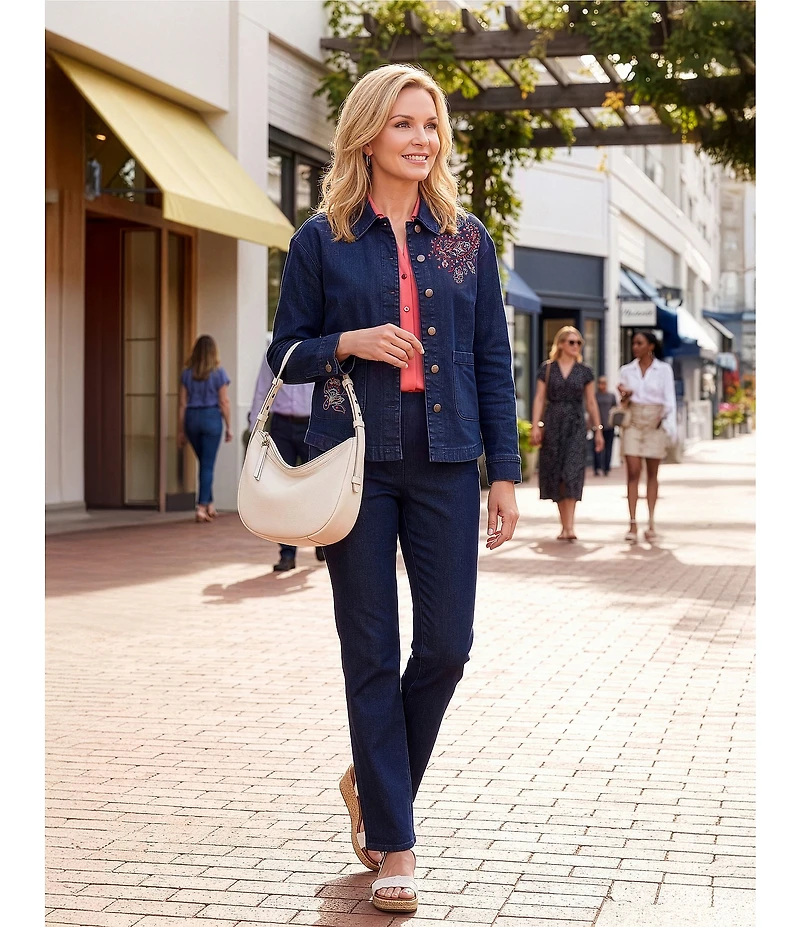 Allison Daley Embroidery Detail Long Sleeve Button Front Point Collar Stretch Denim Jacket