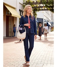 Allison Daley Embroidery Detail Long Sleeve Button Front Point Collar Stretch Denim Jacket