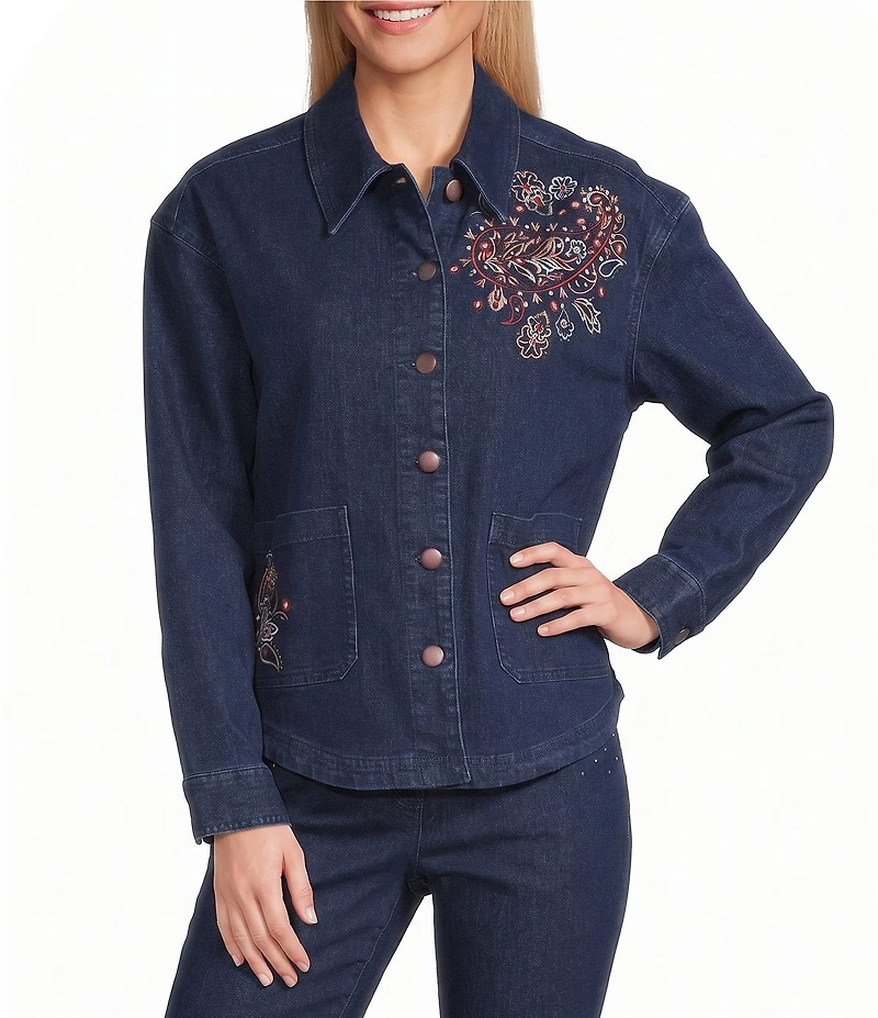 Allison Daley Embroidery Detail Long Sleeve Button Front Point Collar Stretch Denim Jacket