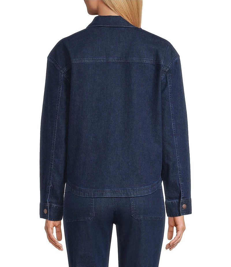 Allison Daley Embroidery Detail Long Sleeve Button Front Point Collar Stretch Denim Jacket