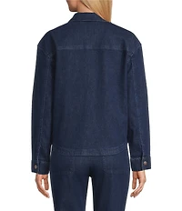 Allison Daley Embroidery Detail Long Sleeve Button Front Point Collar Stretch Denim Jacket