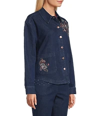 Allison Daley Embroidery Detail Long Sleeve Button Front Point Collar Stretch Denim Jacket