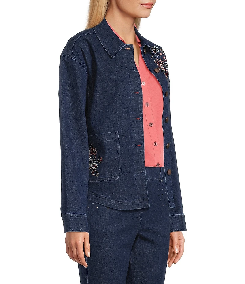 Allison Daley Embroidery Detail Long Sleeve Button Front Point Collar Stretch Denim Jacket