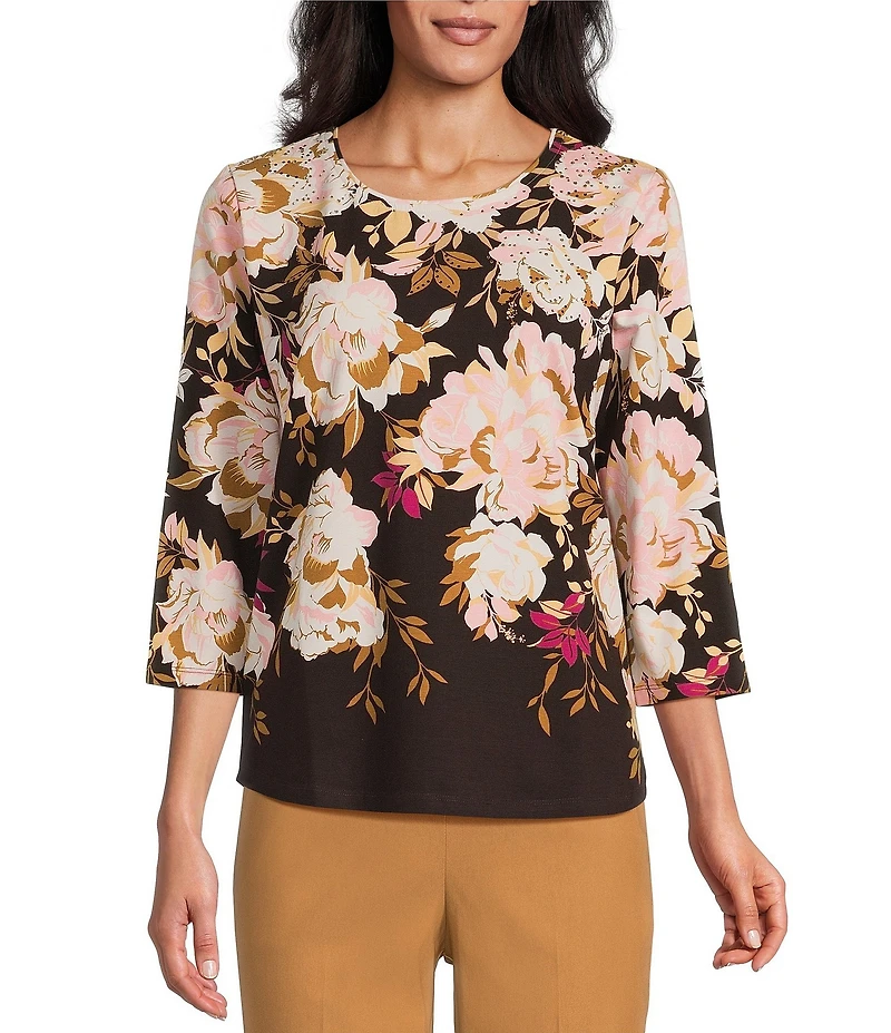 Allison Daley Espresso Botanic Rose Cascade Print 3/4 Sleeve Crew Neck Knit Top