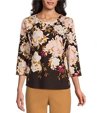 Allison Daley Espresso Botanic Rose Cascade Print 3/4 Sleeve Crew Neck Knit Top