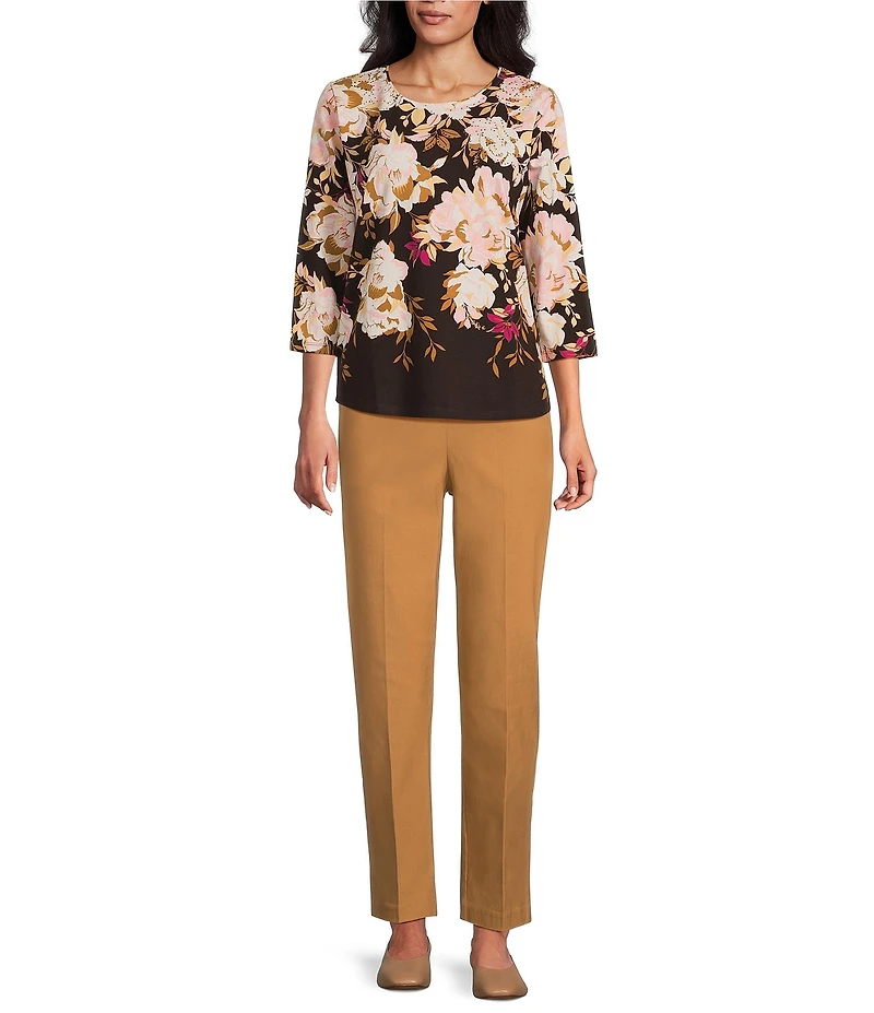 Allison Daley Espresso Botanic Rose Cascade Print 3/4 Sleeve Crew Neck Knit Top