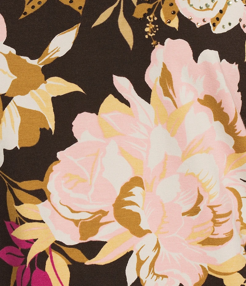 Allison Daley Espresso Botanic Rose Cascade Print 3/4 Sleeve Crew Neck Knit Top