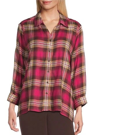Allison Daley Espresso Vivacious Plaid Print 3/4 Sleeve Point Collar Button Front Shirt