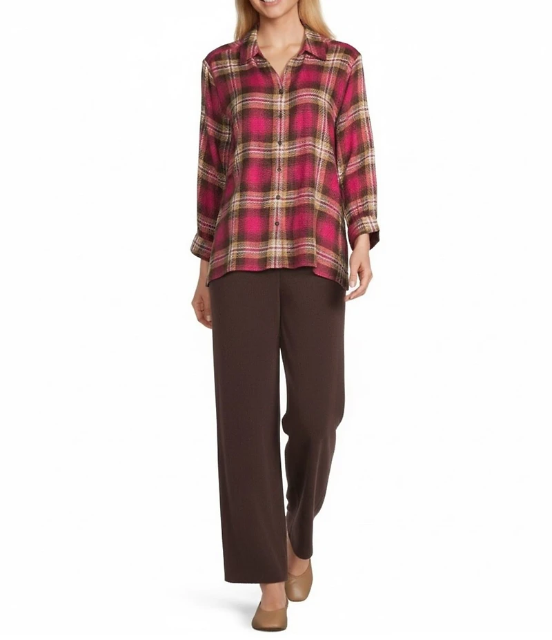 Allison Daley Espresso Vivacious Plaid Print 3/4 Sleeve Point Collar Button Front Shirt