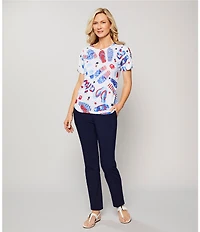 Allison Daley Flip Flops Stars And Stripe Print Short Ruched Tie Sleeve Crew Neck Knit Top