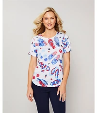 Allison Daley Flip Flops Stars And Stripe Print Short Ruched Tie Sleeve Crew Neck Knit Top