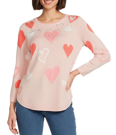 Allison Daley Floating Hearts 3/4 Sleeve Crew Neck Curve Hem Sweater