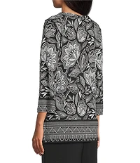 Allison Daley Floral Beading 3/4 Sleeve V-Neck Knit Top