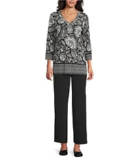Allison Daley Floral Beading 3/4 Sleeve V-Neck Knit Top