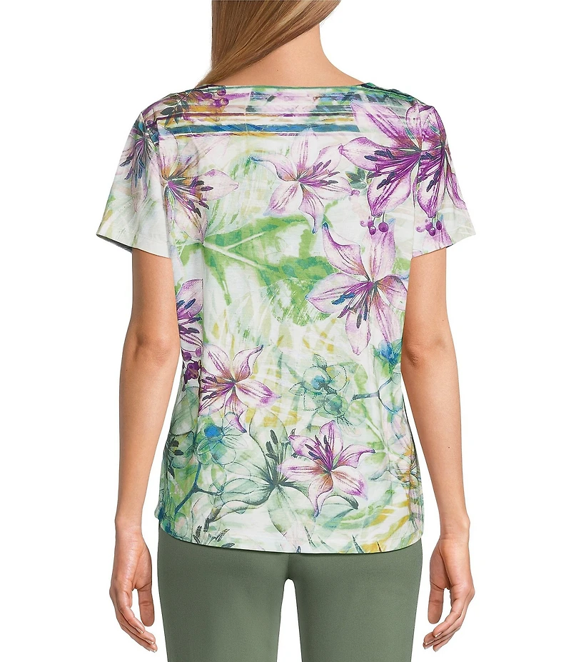 Allison Daley Floral Paradiso Print Short Sleeve Crew Neck Knit Top