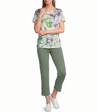 Allison Daley Floral Paradiso Print Short Sleeve Crew Neck Knit Top