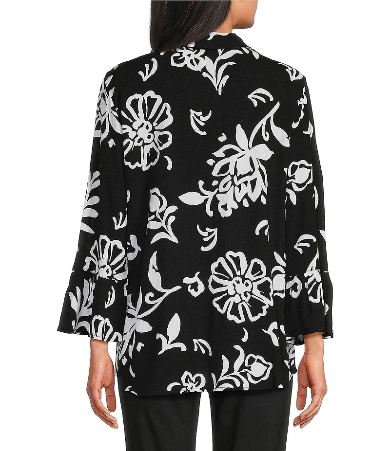 Allison Daley Floral Print 3/4 Flounce Sleeve Button Front Point Collar Top