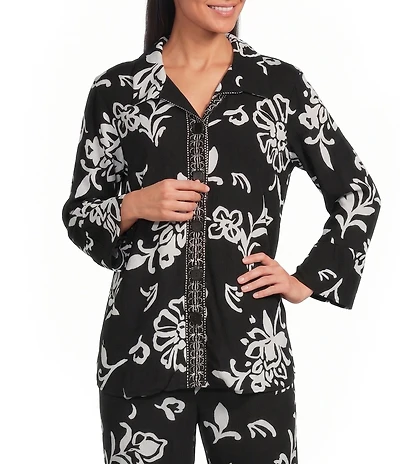 Allison Daley Floral Print 3/4 Flounce Sleeve Button Front Point Collar Top