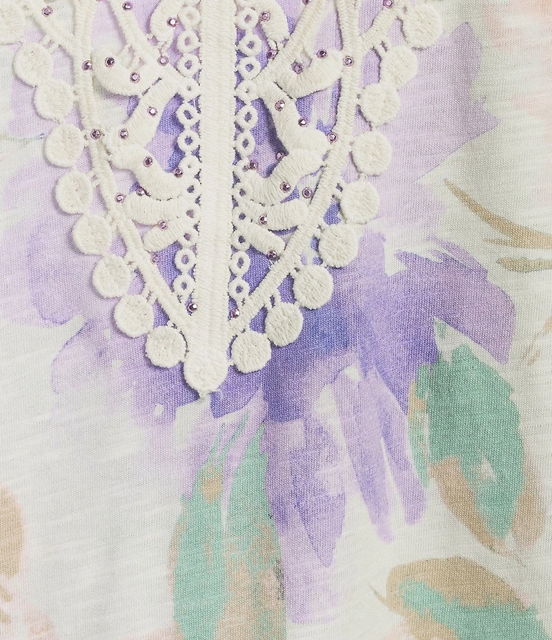 Allison Daley Floral Print 3/4 Sleeve V-Neck Beaded Applique Knit Top