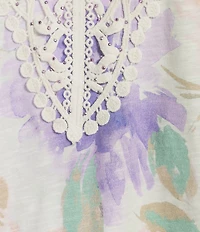 Allison Daley Floral Print 3/4 Sleeve V-Neck Beaded Applique Knit Top