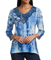 Allison Daley Floral Print 3/4 Sleeve V-Neck Beaded Applique Knit Top