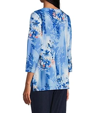 Allison Daley Floral Print 3/4 Sleeve V-Neck Beaded Applique Knit Top